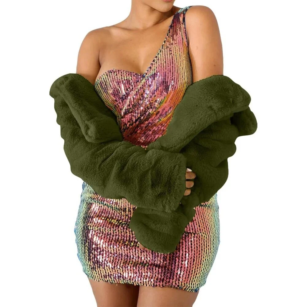 Women's Winter Faux Fur Long Sleeve Jacket Shaggy Open Front Cardigan Army Green - Picture 4 of 6